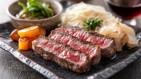 A fine dining setting with a beautifully plated steak, paired with gourmet sides and a glass of red wine, emphasizing an elegant and sophisticated meal.の素材