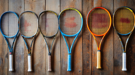 A collection of various tennis rackets arranged neatly on a wooden table, showcasing their different designs, colors, and string patterns for an artistic display.の素材