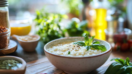 A cozy breakfast nook with a bowl of hot rice porridge on a wooden table, surrounded by fresh herbs and colorful condiments, creating a warm and inviting atmosphere.の素材
