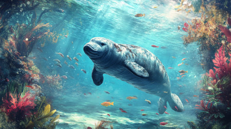 A dugong playfully interacting with floating seaweed in a tranquil lagoon, surrounded by tropical fish and vibrant aquatic plants, illustrating a peaceful environment.の素材