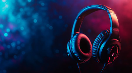 A detailed shot of gaming headphones with a built-in microphone, set against a dark background, highlighting their features and suitability for gaming.の素材