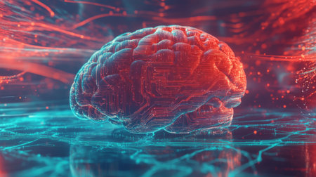 A conceptual image of a human brain surrounded by digital circuit patterns, symbolizing the connection between biology and technology, with a futuristic feel.の素材