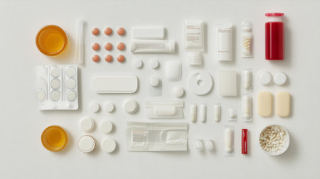 A flat lay of essential household medications like aspirin, allergy tablets, and antiseptic cream, arranged on a white background for a clear and organized view.の素材