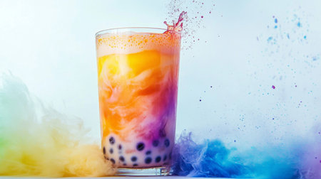A freshly made bubble tea with a swirl of colorful fruit flavors and chewy tapioca pearls, placed on a white surface, emphasizing the drinks vibrant and appealing appearance.の素材