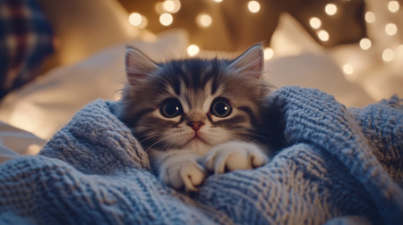 A fluffy kitten curled up in a cozy blanket, with its tiny paws tucked under its chin, surrounded by soft pillows and warm lighting for a heartwarming scene.の素材