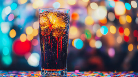 A glass of Coke against a backdrop of party decorations, with colorful confetti scattered around, symbolizing celebration and joy, perfect for festive occasions.の素材