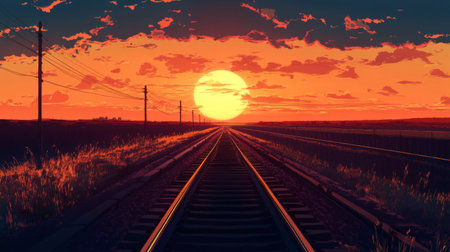 A long stretch of railway tracks disappearing into the horizon at sunset, with warm orange hues reflecting off the rails, symbolizing travel, adventure, and endless possibilities.の素材