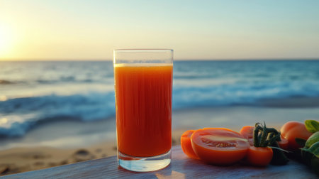A glass of tomato juice on a beachside table with the ocean in the background, evoking a sense of relaxation and wellness during a peaceful summer vacation.の素材