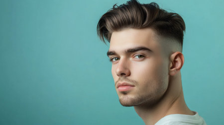 A man with a fade haircut and a stylish quiff, looking confidently at the camera, showcasing a trendy and contemporary hairstyle with sharp lines.の素材