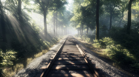 A long, straight railway track with gravel between the rails, stretching through a dense forest, with sunlight filtering through the trees, representing peaceful solitude.の素材