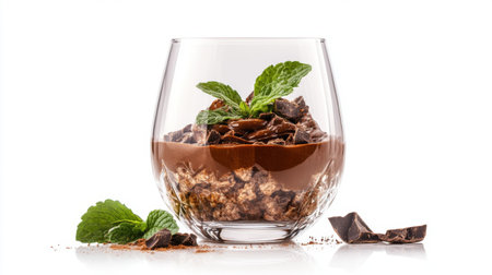 A luxurious chocolate mousse in a glass cup, garnished with a sprinkle of cocoa and a fresh mint leaf, set against a white background for a refined and appetizing look.の素材