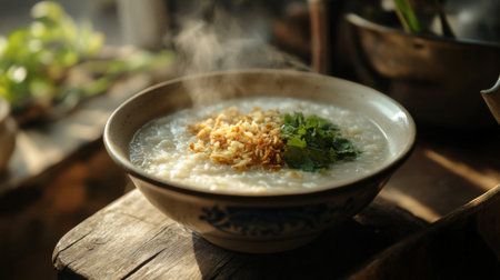 A steaming bowl of hot rice porridge topped with fresh herbs, spices, and crispy garlic, served in a traditional ceramic bowl, showcasing the comforting essence of Thai cuisine.の素材