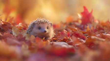 A small hedgehog nestled in a pile of colorful autumn leaves, with its quills slightly raised, creating a charming and cozy natural habitat scene.の素材