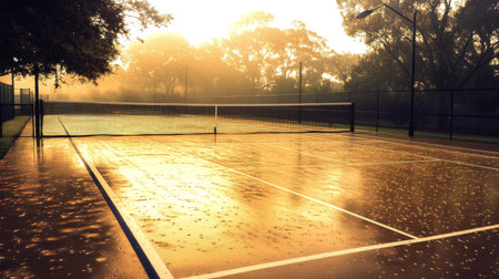 A serene early morning tennis court bathed in soft sunlight, with dew on the grass and an inviting atmosphere for players to start their day.の素材
