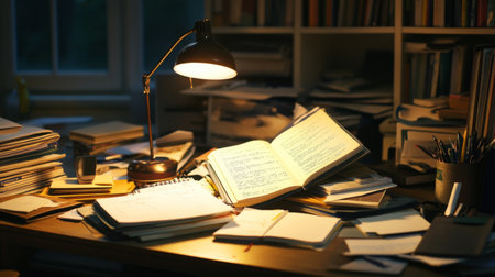 A students desk cluttered with textbooks, notebooks, and stationery, with a desk lamp casting a warm light, illustrating a focused study environment.の素材