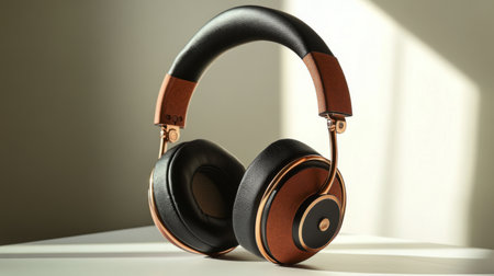 A stylish pair of retro headphones with large ear cups and a vintage design, placed on a white surface to showcase their unique aesthetic and craftsmanship.の素材