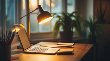 A stylish desk lamp with a sleek metallic base and adjustable arm, casting a warm glow over a modern office desk with a laptop and stationery.の素材