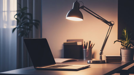 A stylish desk lamp with a sleek metallic base and adjustable arm, casting a warm glow over a modern office desk with a laptop and stationery.の素材