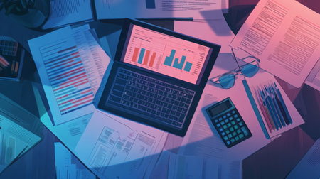 A top-down view of a desk with financial documents, a laptop displaying bar charts and graphs, and a calculator, highlighting a busy work environment focused on financial analysis.の素材