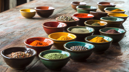 A vibrant assortment of spices in small bowls on a wooden table, with colorful labels and textures, capturing the diversity and richness of flavors in cooking.の素材