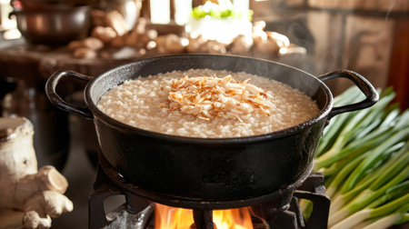 A rustic kitchen scene with a pot of simmering rice porridge on the stove, surrounded by fresh ingredients like ginger and green onions, highlighting the cooking process.の素材