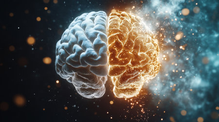 A split image showing a healthy brain on one side and a brain affected by a condition like Alzheimer's on the other, highlighting the contrast and impact on cognition.の素材