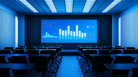 A screen displaying a comparison bar graph with multiple data sets, set in a modern conference room with a sleek design and bright lighting.の素材