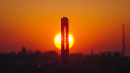 A thermometer showing extreme heat levels with a blazing sun in the background, representing the increasing global temperatures and the urgent need for action.の素材