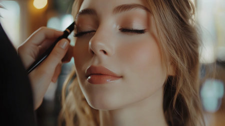 A young woman getting her makeup done by a professional makeup artist, with a focus on the application of eye shadow and blush in a bright, stylish salon.の素材