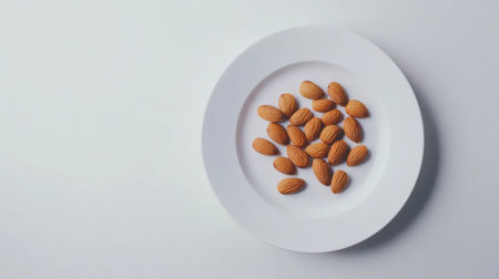 A stylish arrangement of roasted almonds on a white plate, with a white background emphasizing their golden-brown color and crisp texture.の素材