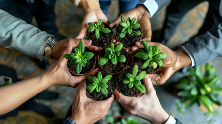Business hands holding green plants together are the symbol of green business company. agriculture and collaboration in a green business.の素材