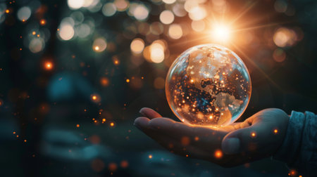 businessman holding light blub with virtual Global Internet connection. global internet connection application technology and digital marketing,の素材