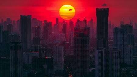 Cityscape with big sun and sunset on center between building at eveningの素材