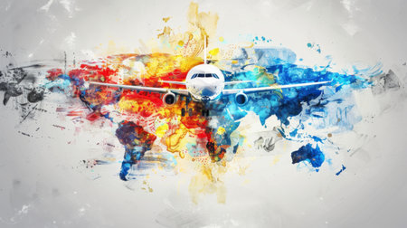 Airplane with colorful globe sketch on grey backgroundの素材