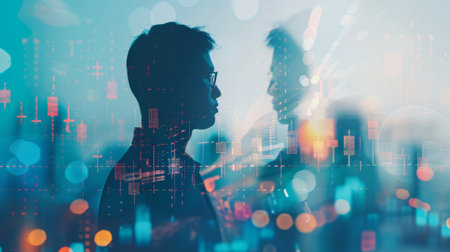 Double exposure businessman and stock market or forex graph suitable for financial investment concept. Economy trends backgroundの素材