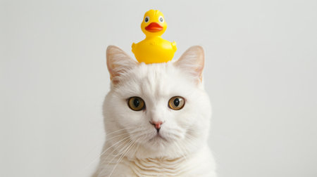 Cute white cat with a yellow rubber duckの素材