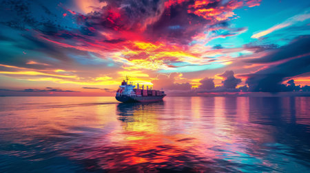 Cargo ship sailing away against colorfulの素材