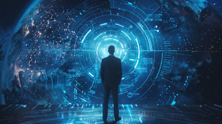 Businessman presenting futuristic business world metaverse graphic. In the form of innovation in digital business processing technology,の素材