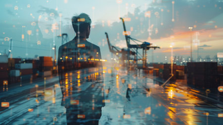 Double exposure businessman standing with global business logistics system connection technology interface global partner connection ,の素材