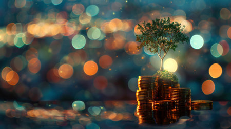 double exposure of golden coins stacks on table with tree growing on top and blur city nightの素材