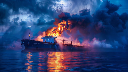 Large general cargo ship for logistic import export goods and other the explosion and had a lot of fireの素材