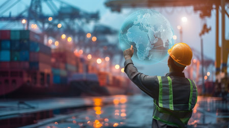 Double of engineer point to globe simulation with line connect to country with transportation shipment checkの素材