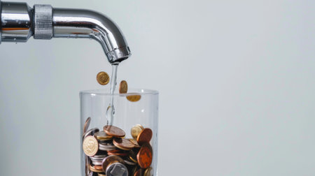 Faucet putting mix coins and seed in clear bottle on white background,Businessの素材