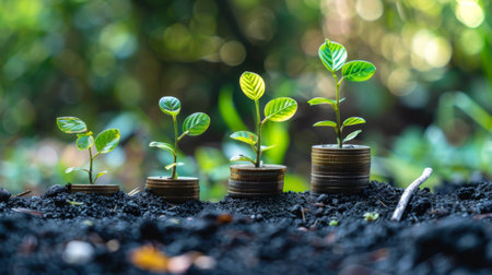 money growth concept,young plants growing up on stack of coins for saving and invesmentの素材
