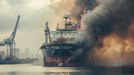 Large general cargo ship for logistic import export goods and other the explosion and had a lot of fire and smokeの素材