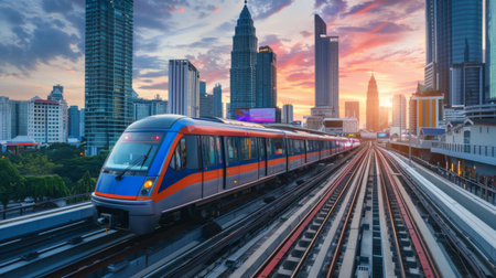 sky trains and mass transportation station with modern buildingの素材