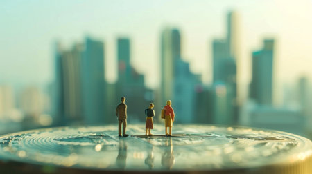 miniature model group of investment standing on coin with city background.の素材