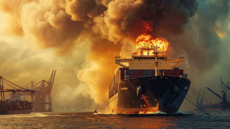 Large general cargo ship for logistic import export goods and other the explosion and had a lot of fire and smokeの素材