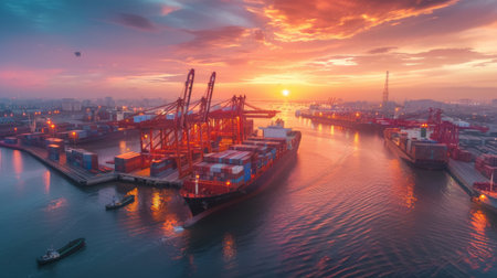 Logistics and transportation of Container Cargo ship and Cargo plane with working crane bridge in shipyard at sunrise,の素材
