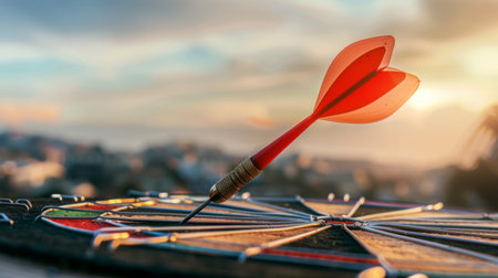 Red dart arrow hit in the target center of dartboardの素材